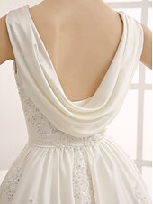 cheap Little White Dresses-Engagement Little Graduation White Dresses Wedding Dresses A-Line Boat Neck Sleeveless Tea Length Satin Bridal Gowns With Pleats Appliques