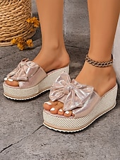 Недорогие Женские сандалии-босоножки на танкетке с золотистым металлическим бантом для женщин - гламурные босоножки на платформе для повседневных летних прогулок