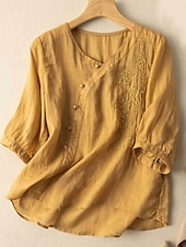 billige Skjorter-Dame Skjorte Bluse Skjorter i bomullslin Helfarge Stilfull Fritid 3/4 ermer Crew-hals Vanlige topper Daglig Broderi Knapper Gul Rød Lilla Grønn Sommer Vår