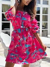 cheap Vacation Dresses-Women&#039;s Mini Dress Casual Dress A Line Dress Stylish Casual Vacation Daily Regular Fit Floral Half Sleeve Off Shoulder Red Blue Fuchsia Green Summer