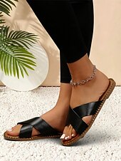 olcso Női szandálok-fekete keresztpántos lapos csúszó szandál nőknek - lezser nyári slip-on kényelmes talppal