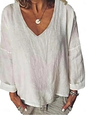 cheap Shirts-Women&#039;s Shirt Blouse Cotton Linen Shirts Solid Color Basic Casual Long Sleeve V Neck Regular Tops Daily White Yellow Summer Spring
