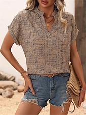 billige Boho t-skjorte-Dame T skjorte Geometrisk Mote Moderne Fritid Kortermet Hals med hakk Vanlige topper Daglig Helg Trykt mønster Hvit Kakifarget Sommer Vår