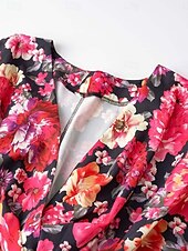 voordelige Casual bloemenjurken-Dames Mini-jurk Casual jurk A lijn jurk Stijlvol Casual Vakantie Dagelijks Normale pasvorm Bloemig 3/4 mouw V-hals Zwart Rood Zomer Lente