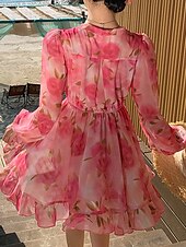 tanie Eleganckie sukienki kwiatowe-Damskie Sukienka mini Codzienne sukienki Sukienka A line Elegancki Codzienny Urlop Codzienny Regularny Kwiaty Długi rękaw W serek Czerwony Wiosna Jesień