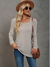 abordables Tops Sencillos para Mujeres-Mujer Sayo Remera de algodón Plano Bohemia Elegante Básico Manga Larga Manga Farol Escote Cuadrado Tops regulares Diario Deportes Noche Negro Rosa Morado Verde Trébol Caqui Primavera Otoño