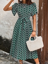 abordables Robes fleuries décontractées-Femme Robe mi-longue Robe casual Robe Trapèze mode Décontractées Vacances du quotidien Standard Floral Manche Courte Col V Vert foncé Eté