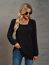 abordables Tops Sencillos para Mujeres-Mujer Sayo Remera de algodón Plano Bohemia Elegante Básico Manga Larga Manga Farol Escote Cuadrado Tops regulares Diario Deportes Noche Negro Rosa Morado Verde Trébol Caqui Primavera Otoño