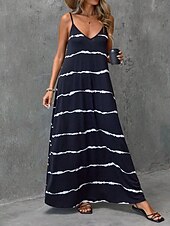 preiswerte Streifen- und geometrische Kleider-Damen Maxi Kleid Sommerkleid A-Linie Kleid Floral Kleid Bohemia Fließend Urlaub Lässig Täglich Regulär Fit Streifen Gingham Ärmellos V-Ausschnitt Schwarz Sommer Frühling
