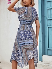 abordables Robes Bohémiennes-Femme Robe mi-longue Robe casual Robes bohème chic robe boheme Bohême Ethnique Décontractées Vacances du quotidien Ample Floral Manche Courte Col V Bleu Eté Printemps