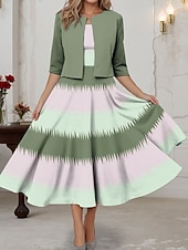 ieftine Rochie cu dungi și geometrică-Rochie midi femei set rochie două piese rochie imprimată elegantă ombre imprimeu mânecă semi lungă gât rotund zilnic verde deschis primăvara toamna regular fit