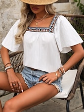 abordables Hauts de Vacances pour Femmes-Femme Chemise Chemisier Couleur unie mode Décontractées Manche Courte Col Carré Hauts réguliers du quotidien A Volants Patchwork Brodée Noir Blanche Eté Printemps