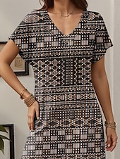 preiswerte Boho Kleider-Damen Maxi Kleid Sommerkleid Shift Kleid Sommerkleid Hawaiian Drop Shoulder Party Urlaub Strand Lockere Passform Vintage Ethnisch Kurzarm V-Ausschnitt Braun Sommer Frühling