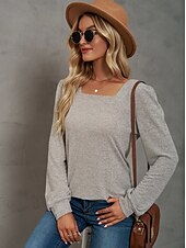 abordables Tops Sencillos para Mujeres-Mujer Sayo Remera de algodón Plano Bohemia Elegante Básico Manga Larga Manga Farol Escote Cuadrado Tops regulares Diario Deportes Noche Negro Rosa Morado Verde Trébol Caqui Primavera Otoño