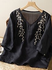 ieftine Cămăși-Cămașă de damă din bumbac și in, model floral, simplu, etnic, casual, mânecă 3/4, decolteu în V, croială regulată, topuri, zi de zi, brodat, galben, albastru marin, violet, portocaliu, caisă, vară