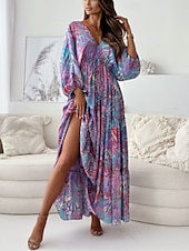 billige Uformelle blomsterkjoler-Dame Maxikjole Uformell kjole Swingkjole Boho elegante kjoler Bohem Fritid Feriereise Daglig Løstsittende Blomstret Batikkfarget 3/4 ermer V-hals Lys Lilla Grønn Sommer Vår
