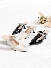 cheap Kitten Heels-Women&#039;s Rhinestone Embellished Pointed-Toe Slip-On Heeled Mules – Elegant Party and Formal Shoes for Evening Events and Weddings