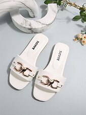 cheap Women&#039;s Sandals-Women&#039;s White Slide Sandals with Heart-Shaped Metal Buckle – Casual Summer Footwear for Beach, Vacation and Everyday Style