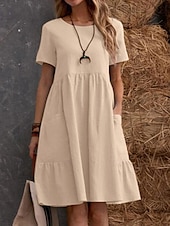 ieftine Rochii-Pentru femei Rochie Mini Rochii de in bumbac Rochie casual Rochie maxi din bumbac De Bază Casual Vacanță Zilnic Fit regulat Simplu Manșon scurt Stil Nautic Negru Caisă Vară
