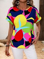 billige Kunst &amp; Design t-skjorte-Dame Skjorte Bluse Geometrisk Stilfull Fritid Kortermet Crew-hals Vanlige topper Daglig Trykt mønster Gul Sommer Vår