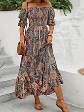 levne Boho šaty-Dámské Dlouhé šaty Maxi šaty Áčkové šaty Letní šaty Boho šaty Elegantní Čechy stylové Dovolená Denní Rande Běžný Grafika Krátký rukáv Pod rameny Oranžová Trávová zelená Tmavomodrá Léto
