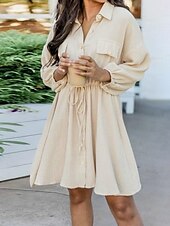 economico disegnare abiti in cotone e lino-Per donna Mini Abito Abiti in cotone e lino Abito Camicia Vestito Casual Essenziale Casual Vacanza Quotidiano Vestibilità regolare Semplice Manica 3/4 Colletto a Camicia Nero Cachi Estate
