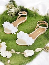preiswerte Lässig-weiße, florale, offene, flache Sandalen mit Knöchelriemen für Damen – bequeme, lässige Sommerkleidung und Hochzeit
