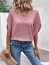 preiswerte Spitzenoberteile-Damen Hemd Bluse Feste Farbe Stilvoll Brautkleider schlicht Halbe Ärmel Eine Glocke V Ausschnitt Normale Oberteile Täglich Spitze Patchwork Rosa Leicht Blau Sommer Frühling Herbst