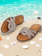 olcso Nyári szandálok-női bohém strasszkő lapos szandál – csillogó, felcsúsztatható strandcsúszdák keresztezett pántokkal nyári és hétköznapi viselethez