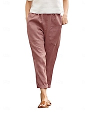 economico Pantaloni in lino e cotone semplici-Per donna Pantaloni in cotone e lino Chinos Moda Streetwear Lunghezza intera Vita Alta Semplice Tasca Fascia Elastica Comodo Morbido Confortevole Micro-elastico All&#039;aperto Streetwear Bianco Rosso