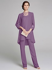 voordelige Broekpakken van mama-Jumpsuit  Pantssuit Moeder van de Bruid Formele Bruiloft Gast Wrap Inbegrepen Juweel Hals Vloerlengte Chiffon Kant 3/4 Lengte Mouw met Pailletten 2025 gratis op maat