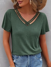 abordables T-shirt uni-Femme T shirt Plein basique Décontractées Manche Courte Col V Hauts réguliers du quotidien Fin de semaine Bleu Vert Eté