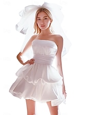 voordelige Kleine witte jurkjes-Verloving Little White Dress Bruids Babyshower Jurken Trouw Jurken A-Line Sweetheart Strapless Korte  Mini Satijn Bruidsjurken Met Rimpeling Effen Kleur