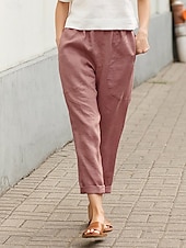 economico Pantaloni in lino e cotone semplici-Per donna Pantaloni in cotone e lino Chinos Moda Streetwear Lunghezza intera Vita Alta Semplice Tasca Fascia Elastica Comodo Morbido Confortevole Micro-elastico All&#039;aperto Streetwear Bianco Rosso