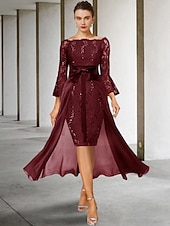 ieftine Seturi de rochii pentru mama-Rochie în două piese Fustă pentru mama miresei Invitat la nuntă Elegantă Rochie de petrecere pe umeri Lungime până la genunchi Chiffon Dantelă Mătase imitată Mâneci 3/4 cu fundițe 2025 mărime
