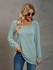 abordables Tops Sencillos para Mujeres-Mujer Sayo Remera de algodón Plano Bohemia Elegante Básico Manga Larga Manga Farol Escote Cuadrado Tops regulares Diario Deportes Noche Negro Rosa Morado Verde Trébol Caqui Primavera Otoño