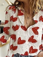 abordables Tops de Arte y Diseño para Mujeres-Camisa de mujer corazón diaria estilosa de manga larga con cuello de camisa tops largos diarios para salir botones estampados rojos verano primavera