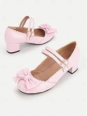 tanie Mary Jane szpilki-różowe buty typu Mary Jane na obcasie z podwójnym paskiem ze sprzączką i kokardką - urocze buty w stylu retro na klockowym obcasie na okazje codzienne i eleganckie