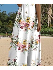 abordables Robes fleuries-Robe maxi femme Robe décontractée Robe d&#039;été Robe A Line Décontractée Fluide Vacances Quotidienne Ajustement régulier Imprimé floral Sans manches Col en V Noir Blanc Jaune Bleu Été Printemps Automne