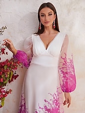 baratos Comprimento do chão-Vestido A-Line Mãe da Noiva Vestido Elegante Decote V Profundo Com Detalhes Franzidos Comprimento do Chão Organza Estampa Floral Manga Puff Longa Vestido Derby Vestido de Dia da Corrida Vestido