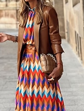 ieftine Rochie cu dungi și geometrică-Pentru femei Rochii Midi Rochie casual Rochie A line Stilat Casual Vacanță Zilnic Fit regulat Geometric Manșon Lung Guler de stand Curcubeu Vară