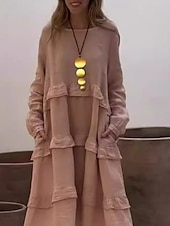 olcso design pamut és len ruhák-Női Midi ruha Vászon ihletésű ruhák hétköznapi ruha Pamut vászon ruha Pamut ruha Alap Alkalmi Vakáció Napi Normál Sima Hosszú ujj Terített nyak Arcpír rózsaszín Lóhere Sárgabarack Nyár Tavasz