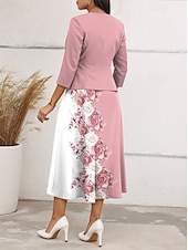 billiga Set med klänningar-Kvinnors Midi Klänning Casual Klänning Chiffon Klänning Swing Klänning Elegant Blommig Midi Klänning Halv Ärmar V-ringad Tryck Regular Fit Dejtdatum Rosa Vår