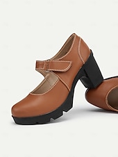 cheap Platform Heels-Women&#039;s Brown Mary Jane Heels with Velcro Strap – Comfortable Chunky Heeled Shoes for Casual and Everyday Wear