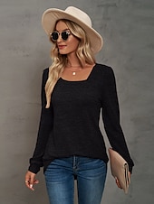 abordables Tops Sencillos para Mujeres-Mujer Sayo Remera de algodón Plano Bohemia Elegante Básico Manga Larga Manga Farol Escote Cuadrado Tops regulares Diario Deportes Noche Negro Rosa Morado Verde Trébol Caqui Primavera Otoño