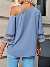 preiswerte Damen Einfache Oberteile-Damen Hemd Bluse Glatt Stilvoll Brautkleider schlicht 3/4 Ärmel kalte Schulter Normale Oberteile Täglich Patchwork Schwarz Blau Sommer Frühling