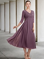 cheap Floor Length-A-Line Mother of the Bride Dress Wedding Guest Elegant Plus Size V Neck Tea Length Chiffon Lace 3/4 Length Sleeve with Ruffles Appliques 2025 free custom size
