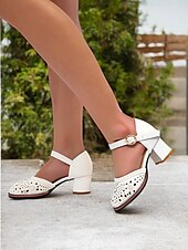 preiswerte Block Heels-Weiße Mary-Jane-Schuhe mit niedrigem Absatz für Damen – lasergeschnittenes Blumendesign, Vintage-Stil für legere und formelle Anlässe