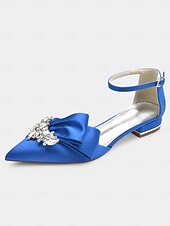 preiswerte Halbformell-weiße Satin-Pumps mit spitzer Spitze, Strass-Schleife und Fesselriemchen – perfekte Brautschuhe für Hochzeiten