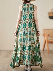 cheap Print Cotton &amp; Linen Dresses-Women&#039;s Maxi Dress Cotton Linen Dresses Casual Dress Boho Chic Dresses Tank Dress Bohemia Casual Boho Vacation Daily Beach Loose Fit Geometric Sleeveless Crew Neck Green Summer